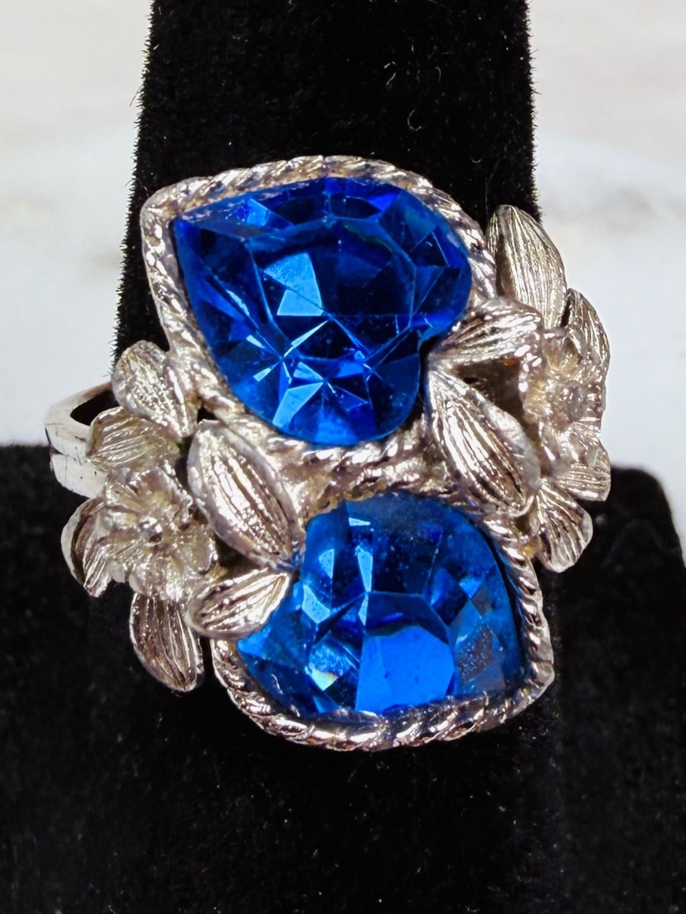 Vintage Love Story Blue Crystal Floral Statement Ring